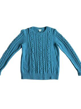 L.L.Bean Cable Knit Fisherman Sweater Medium Teal Cotton Crewneck Item 298839